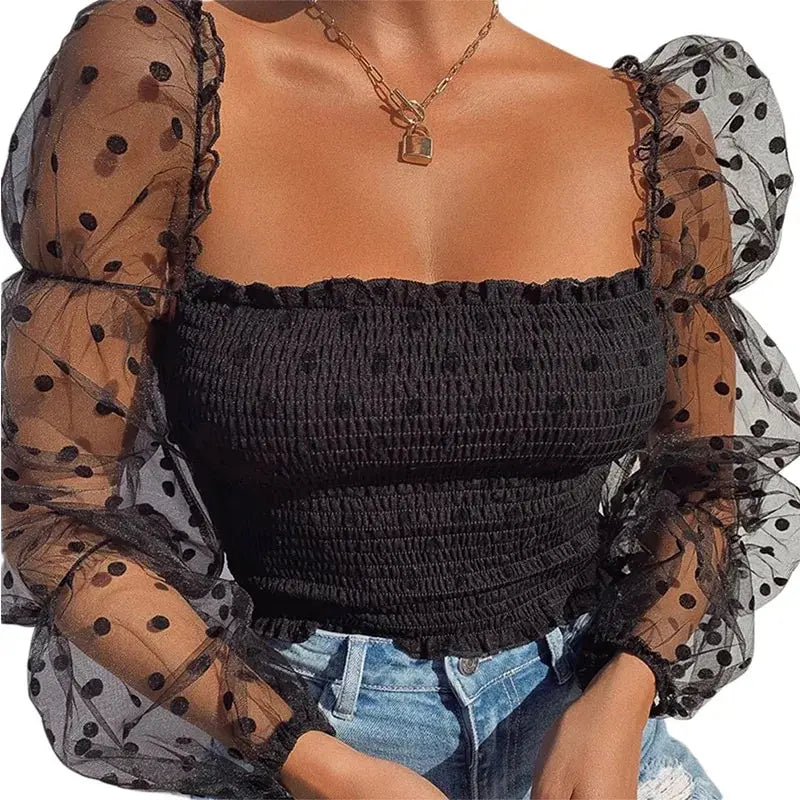 Women's Short Top Wave Dotted Sexy Mesh Puffy Long Sleeve See Through Comfortable and Breathable Blouse