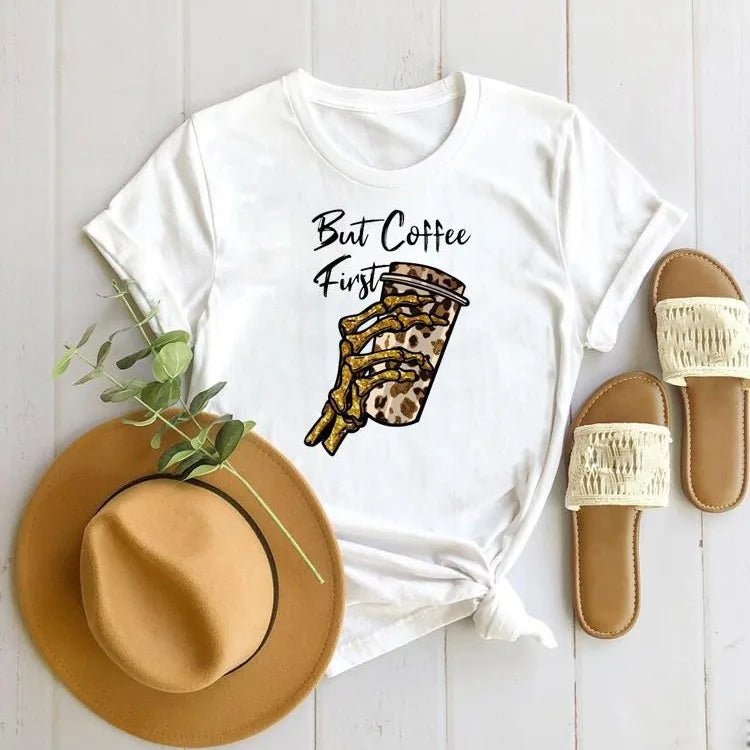 Coffee American Dress Women Print European Short-sleeved T-shirt Oversized T Shirt  Women Clothing  Harajuku  Tops