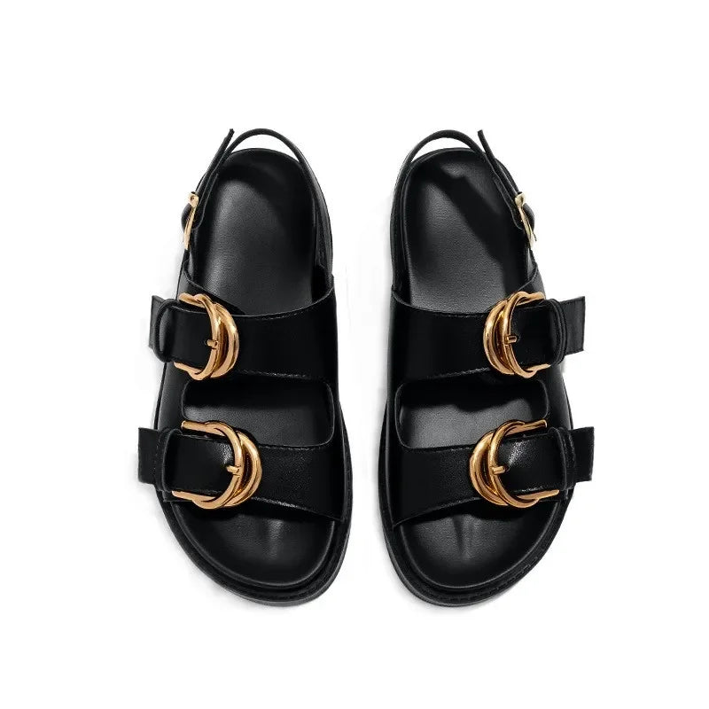 2024 Summer Black Soft Leather PU Metal Buckle Flat Sandals Retro Fashion Design Slide Slippers Women Light Non-Slip Beach Shoes