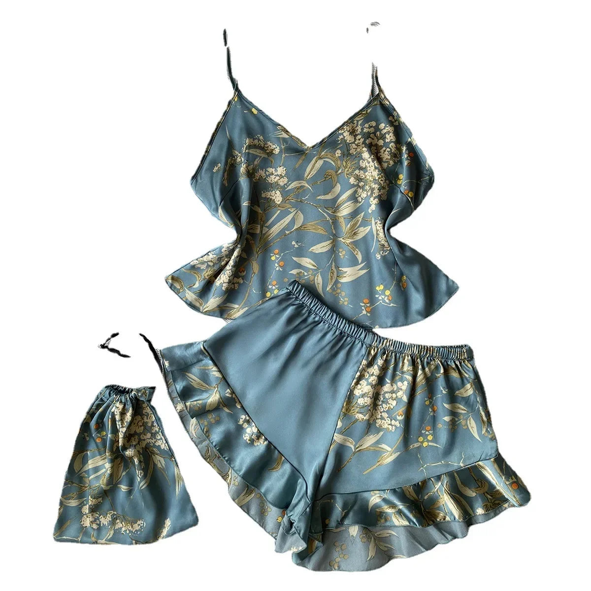 3 Pcs Summer Women Dress Silk Pajamas Fashion Print Suspenders and Shorts With Hanging Bag Home Wear Set Sexy