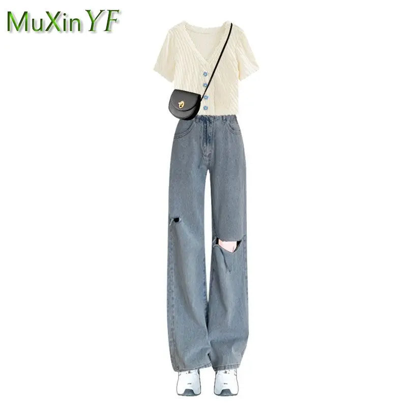 2024 Summer New Chic Short Sleeve Top+Casual Jeans Two Piece Women's Korean Elegant Blouse And Pants Matching Set Female Clothes