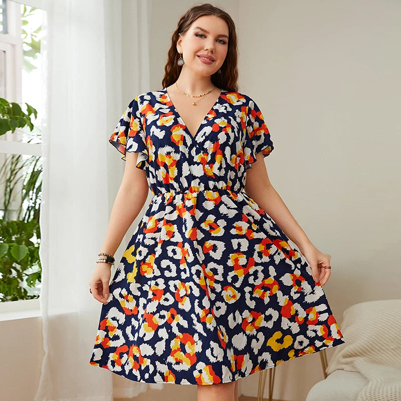 Della Mel Large Sizes Elegant Women's Dresses for Party 2022 Casual Floral Print Summer Short Sleeve Dress Plus Size Clothing