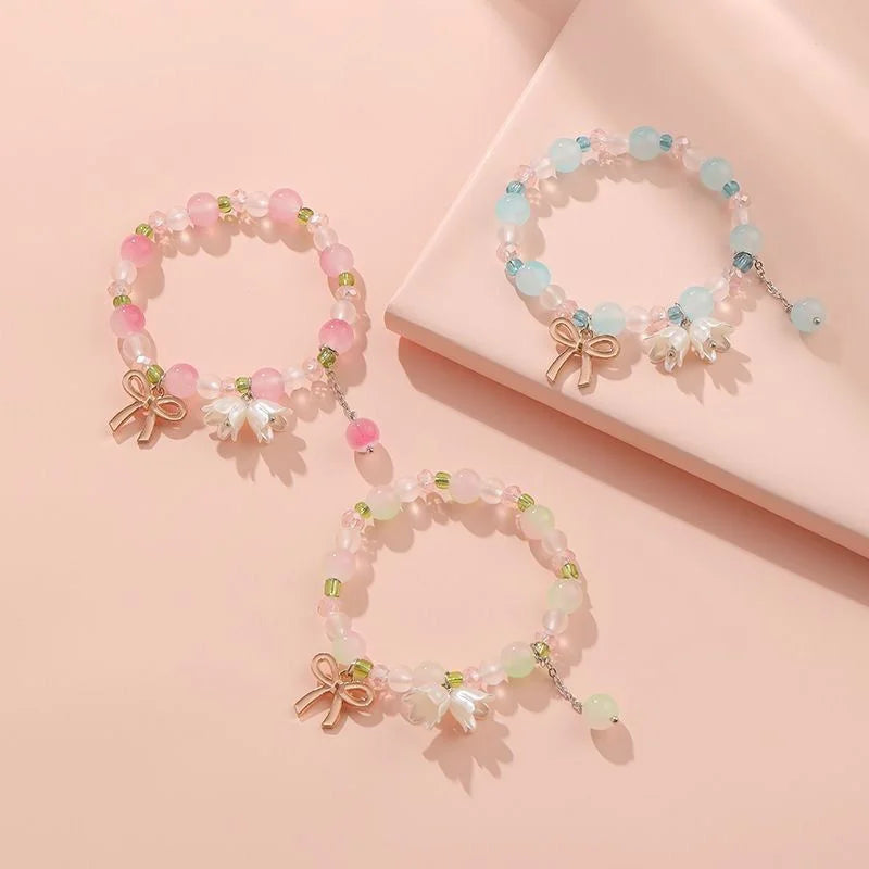 1PC Sweet Lily Of The Valley Tassel Flowers Crystal Coloured Beaded Bracelet For Woman Prom Party Wedding Bowknot Jewelry Gift