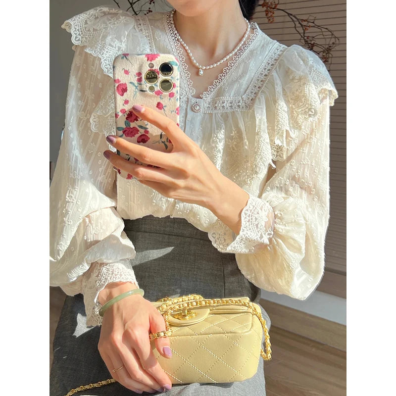 Vintage French Women Shirts Lace Lolita Elegant Long Sleeve Flounce Blouse High Quality Office Lady New Fashion Chic Female Tops