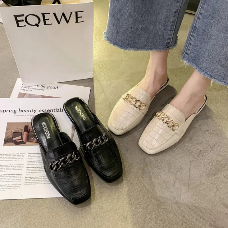 2024 New Chain Mules Women Slides Square Toe Ladies Striped Shoes Summer Fashion Footwear Plus Big Size