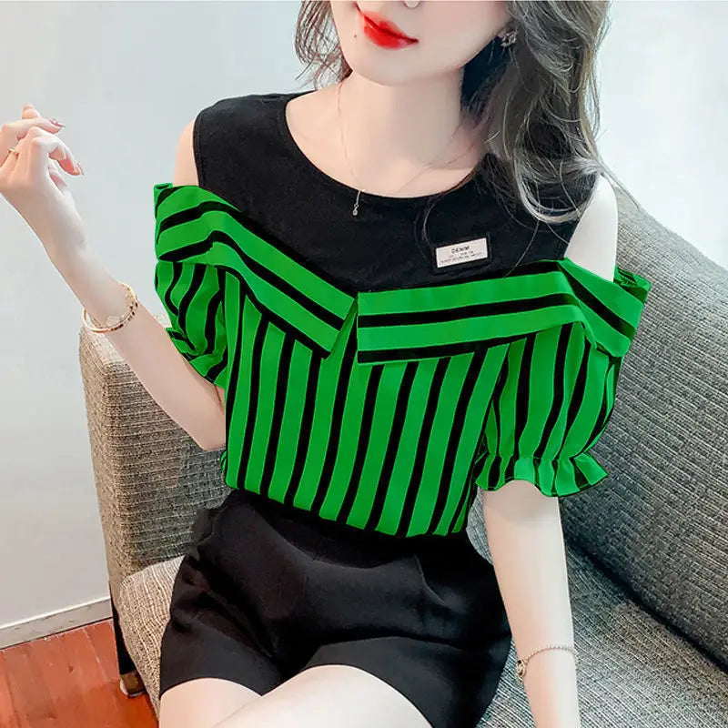 Women's Fashion Korean Striped Printed Off Shoulder Shirt Summer All-match Casual Two Piece Set Spliced Blouse Female Clothing