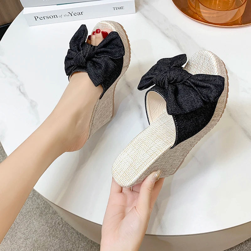 Women Fashion Casual Party Club Shoes Bowknot Design Platform Wedge Slippers Sandals Women Summer Fashion Flip Flops