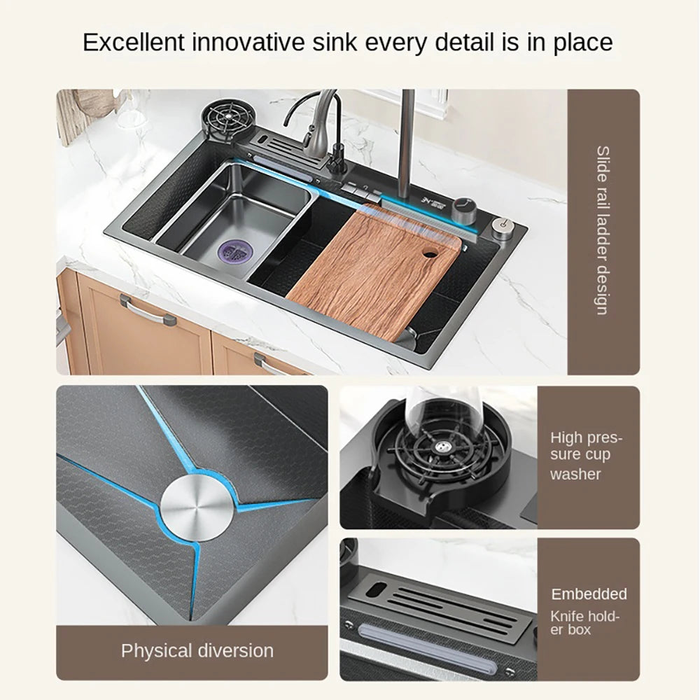 Waterfall Kitchen Sink Digital Display Single Bowl Kitchen Sinks Multifunctional Mordern Smart Sinks with Two Waterfall