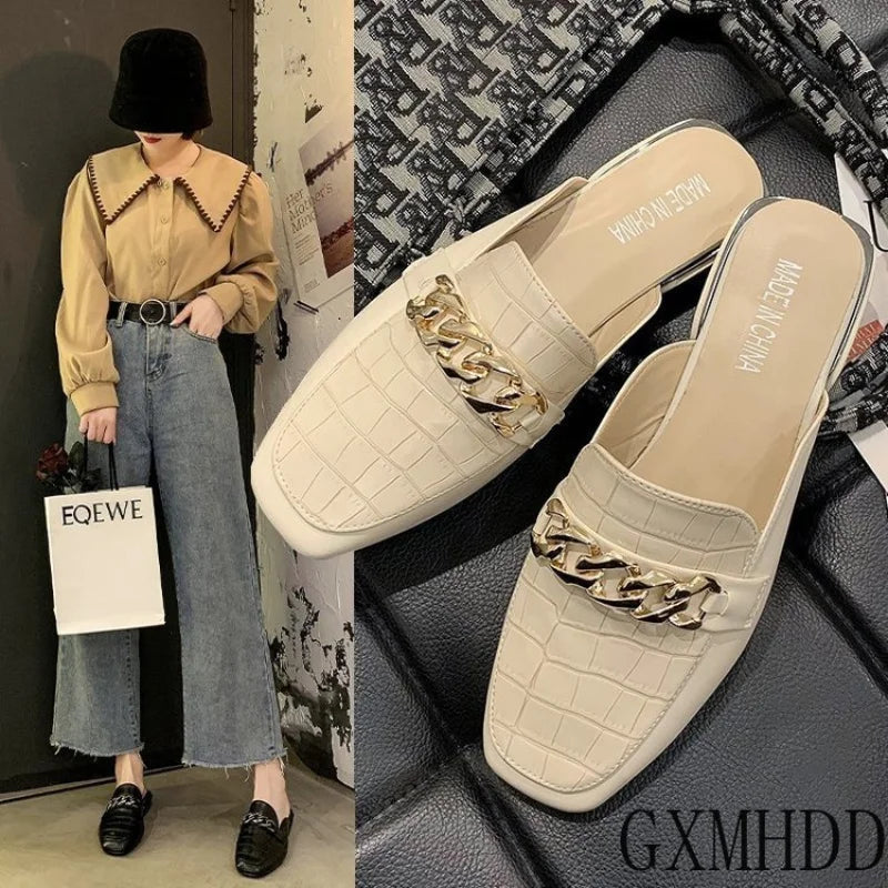 2024 New Chain Mules Women Slides Square Toe Ladies Striped Shoes Summer Fashion Footwear Plus Big Size