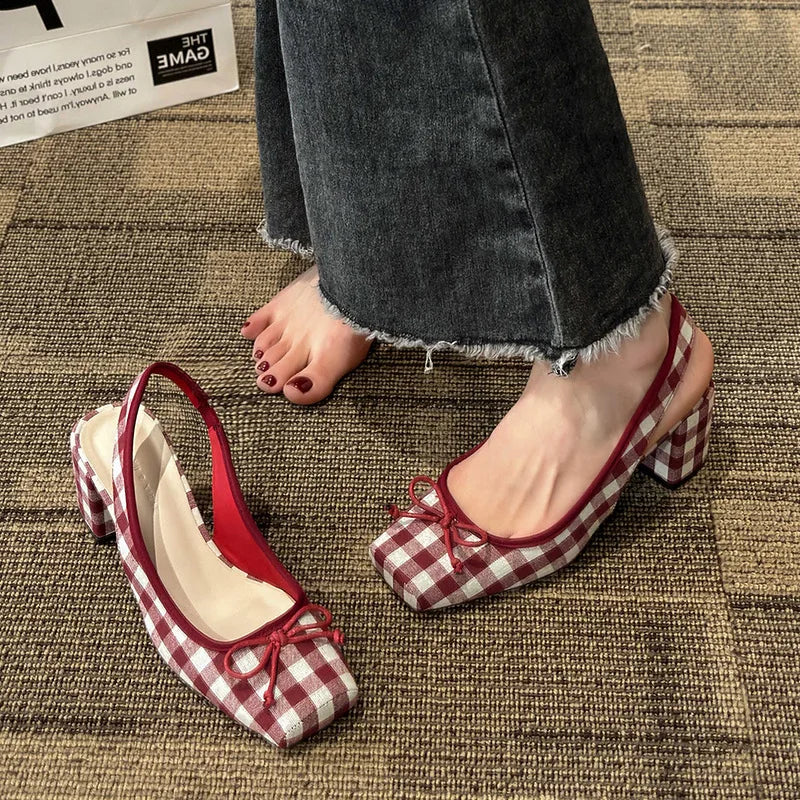 2023 Spring Bow Tie Square Head Thick Heel Fashion Single Shoes Mary Jane High Heel Women's Bag Head Back Empty Sandals