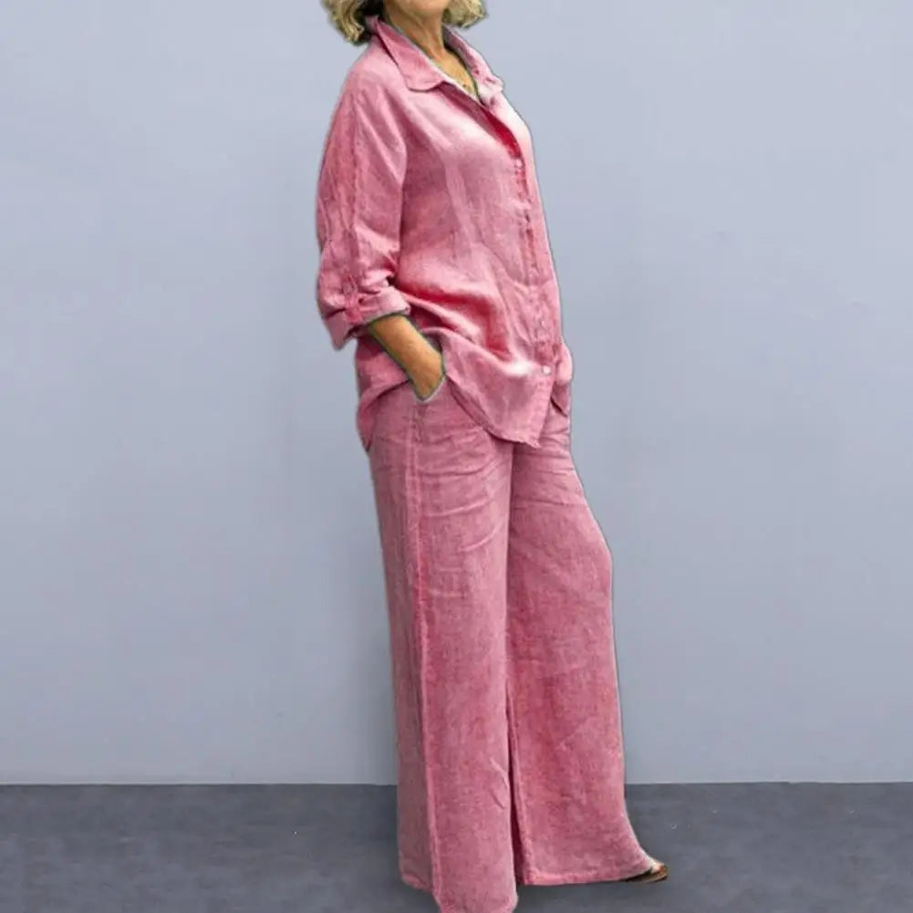 Women Cotton Linen Suits 2023 Elegant Solid Long Sleeve Shirt Wide Leg Trousers Two Piece Set Female Casual Straight Pants Suits