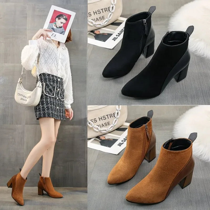 2023 Autumn/Winter Women Ankle Boots Pointed Fashion Short Boots Suede Panel Side Zipper Thick Heels Women's Shoes Large 44