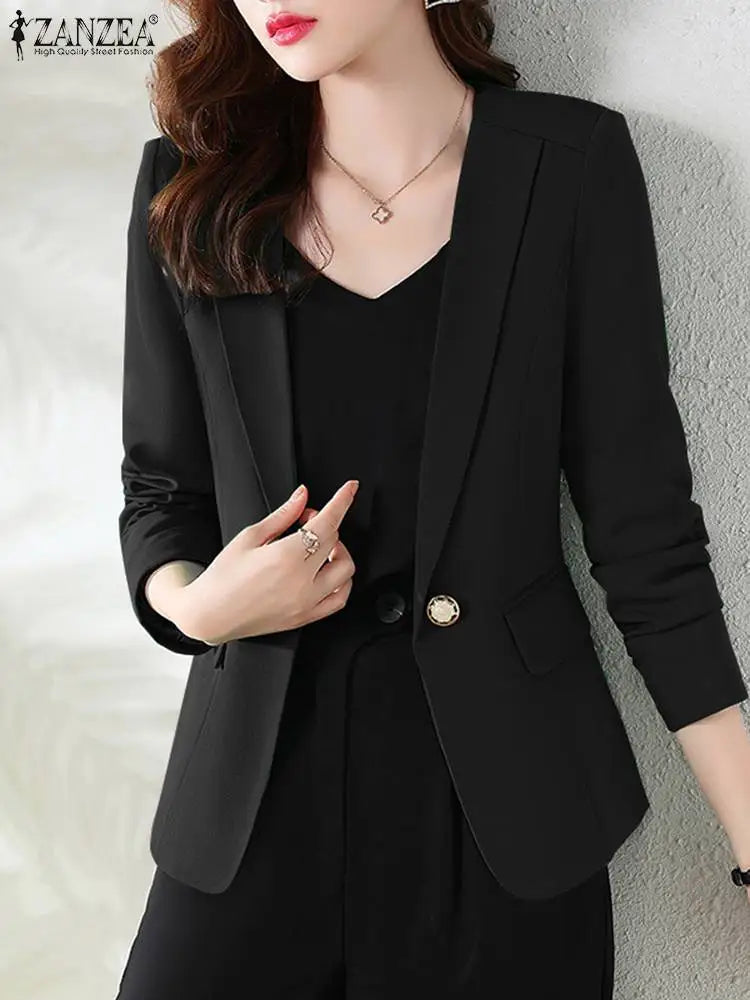 ZANZEA Women Elegant OL Jackets Autumn Lapel Neck Long Sleeve Blazer Suits Casual Slim Office Lady Outwear Solid Work Thin Coats