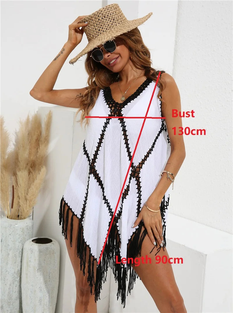 Beach Cover Ups For Women Fringe Tunic 2023 Capes Swim Cover Up White Black Tunics Woman Summer Dress Women's Swimwear Cover-ups