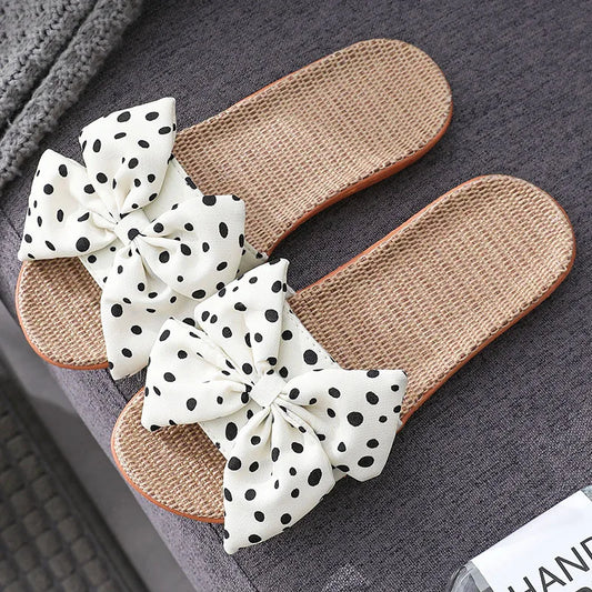 Summer Women Slippers Home Female Bowknot Flax Slippers Linen Flip Flops Bohemia Beach Sandals Slipper Chaussure Femme