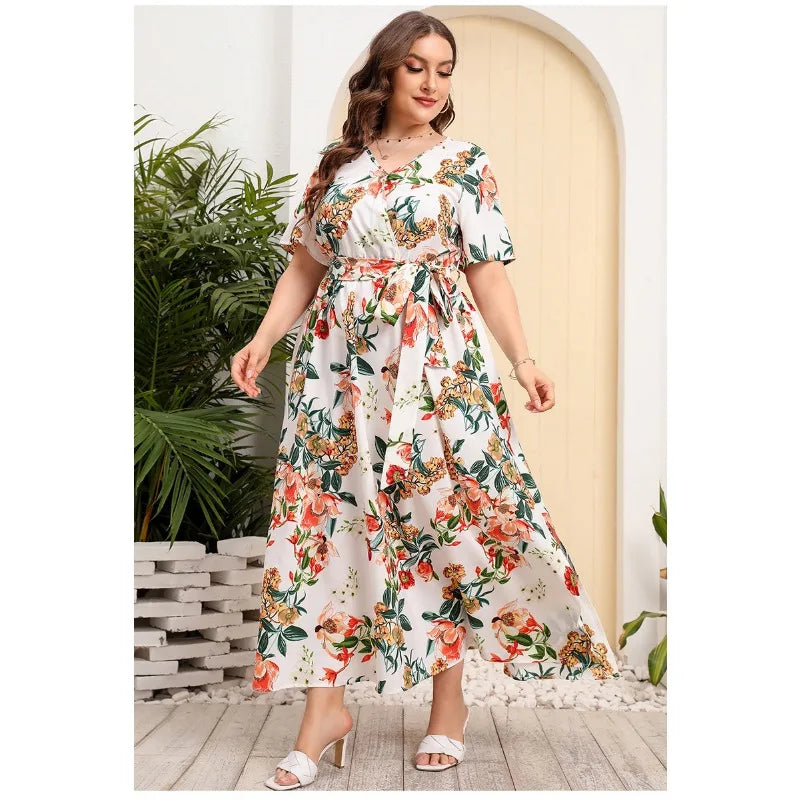 XL-5XL Summer Beach Printing Sexy Dresses Plus Size Women Clothing Short Sleeve V Beck Bandage Casual Loose Elegant Long Dress