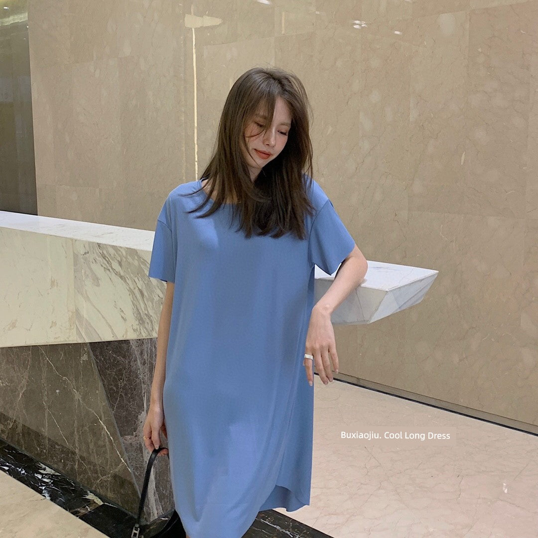 Women's Nightdress Summer Silk Ice Seamless Loose Simple and Breathable Long Skirt Outerwear Homewear Short Sleeve Thin Dress