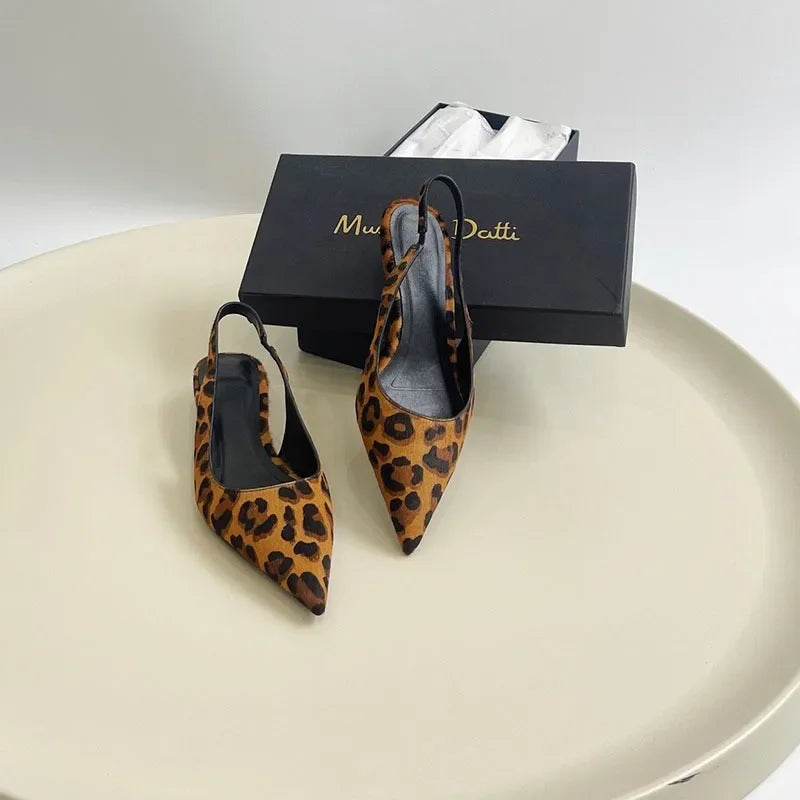 Women's Flat Bottom Slingback Sandals  2024 Leopard Pointed End Woman Mules Summer Fashion Animal Print Low-heel Beach Shoes