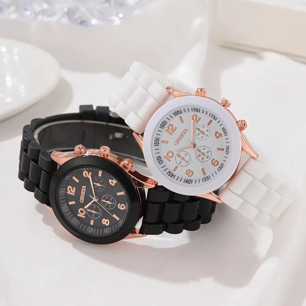 2Pcs Luxury Women's Watch Set Fashion Luxury Elegant Alloy Wristwatch Silicone Strap Couple Watch Men Quartz Holiday Gifts