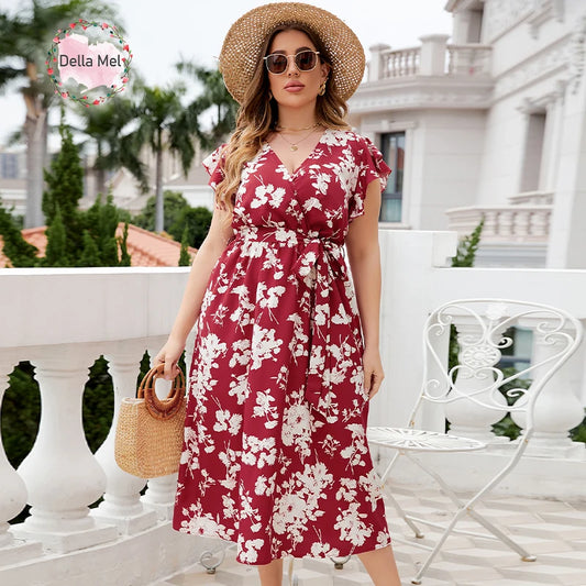 Della Mel 4XL Plus Size Women Clothing Elegant Party Maxi Dresses Summer Ruffle Sleeves Holiday Floral Print Big Size Long Dress