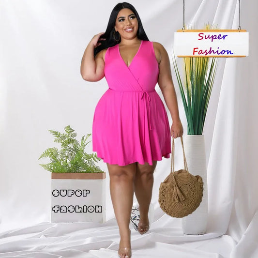 WSFEC XL-5XL Dresses for Women 2023 Summer Plus Size Clothing Solid Simple Sleeveless Bandage Wild Sexy Mini Dress Dropshipping