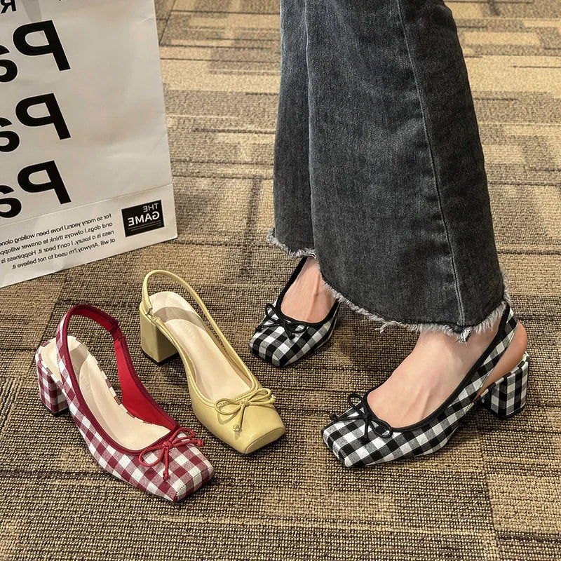 2023 Spring Bow Tie Square Head Thick Heel Fashion Single Shoes Mary Jane High Heel Women's Bag Head Back Empty Sandals