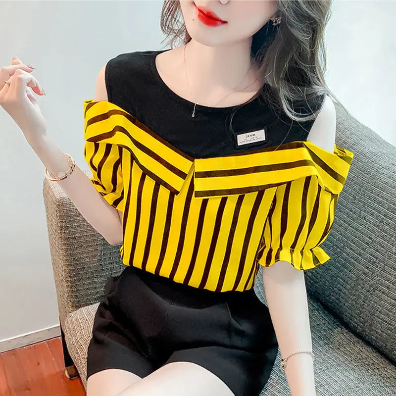 Women's Fashion Korean Striped Printed Off Shoulder Shirt Summer All-match Casual Two Piece Set Spliced Blouse Female Clothing