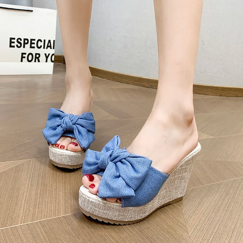 Women Fashion Casual Party Club Shoes Bowknot Design Platform Wedge Slippers Sandals Women Summer Fashion Flip Flops