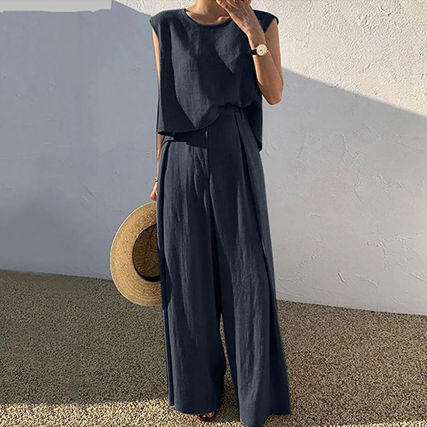 Women Cotton Linen Suits Summer Sleeveless O-Neck Tank Top Wide Leg Pants Two Piece Sets Female Fashion Casual Solid Loose Suits