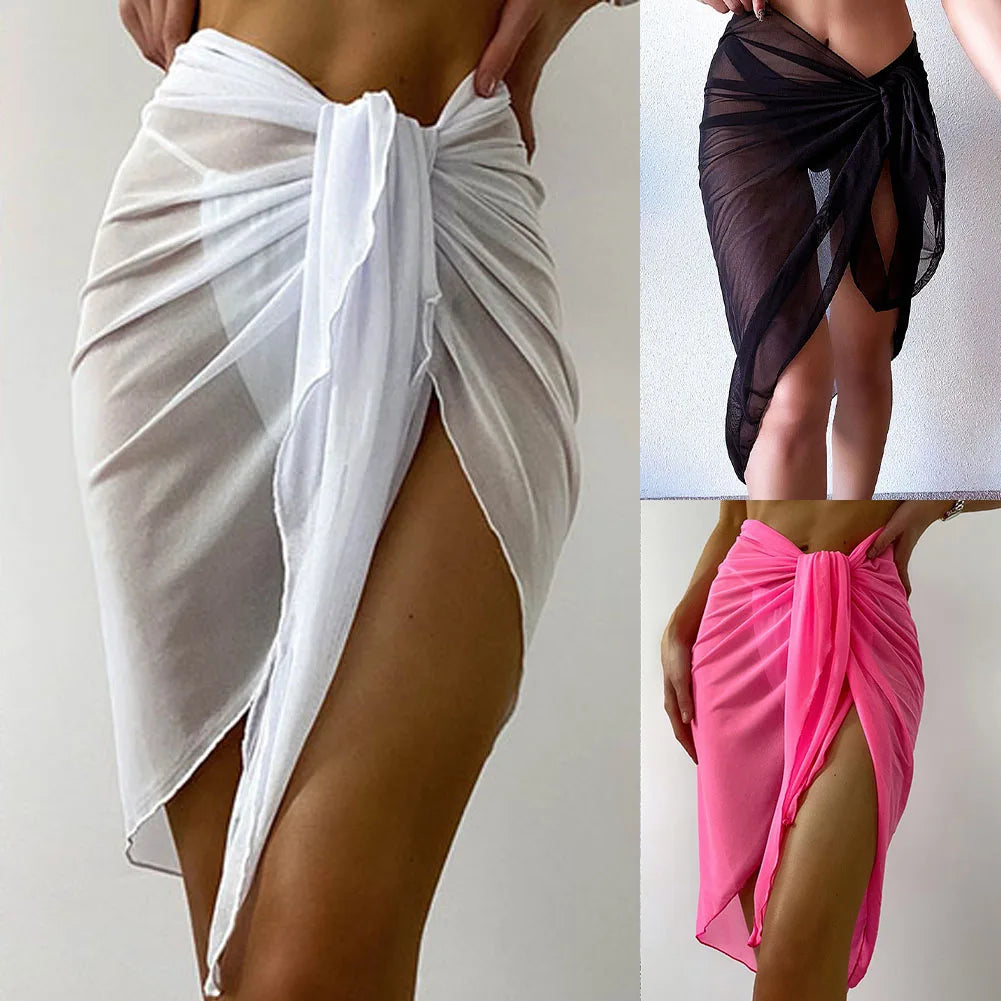 Women Sexy Mesh Transparent Sarongs Wrap Chiffon Swimsuit Cover Ups Beach Bikini Swimwear Solid Split Female Beach Dresses