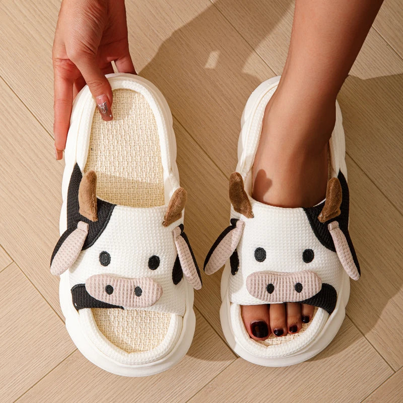 Cartoon Cow Unisex Linen Slippers Couple Spring Summer Slides Mule Men And Women Home Shoes Non-slip Flip Flops For Four Seasons