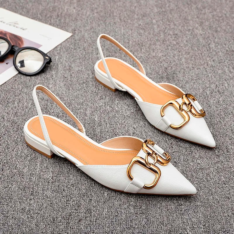 2024 summer new low heel metal buckle ladies fairy pointy thick heel women's sandals half slipper women