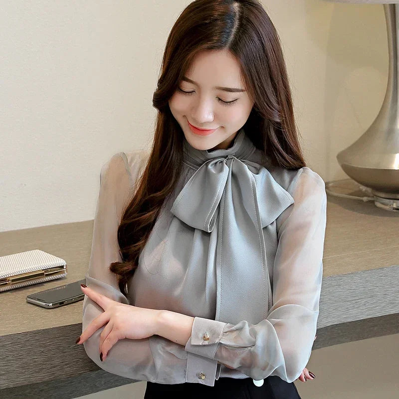 2024 New Summer Fashion Tunic Women Blouse Shirts Long Sleeve Tie Bow Chiffon Turtleneck Formal Women White Black Shirts 0599 30