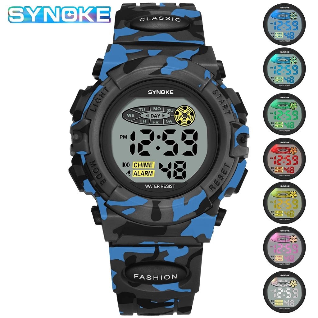 SYNOKE Student Sport Watch For Kids Colorful Electronic Watches Waterproof Clock Children Digital Watch For Boys Camouflage