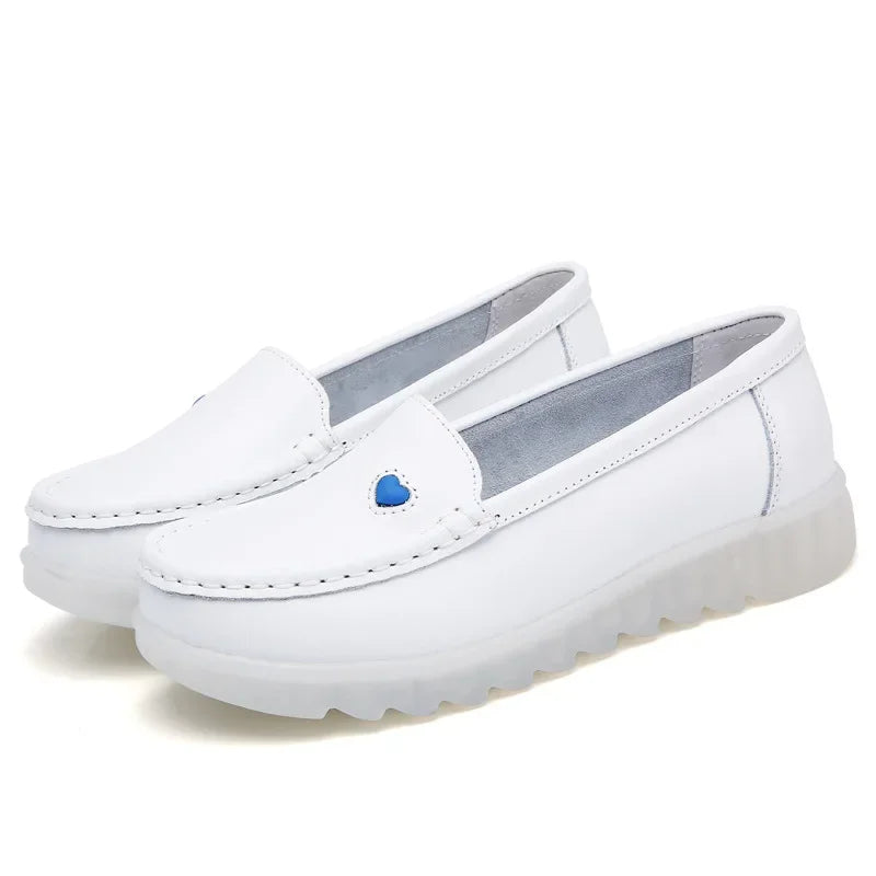 BEYARNE New Women Flat Leather Shoes Casual White Wedge With Soft Bottom Slip On Love Heart Comfortable Mom Nurse Work Shoes