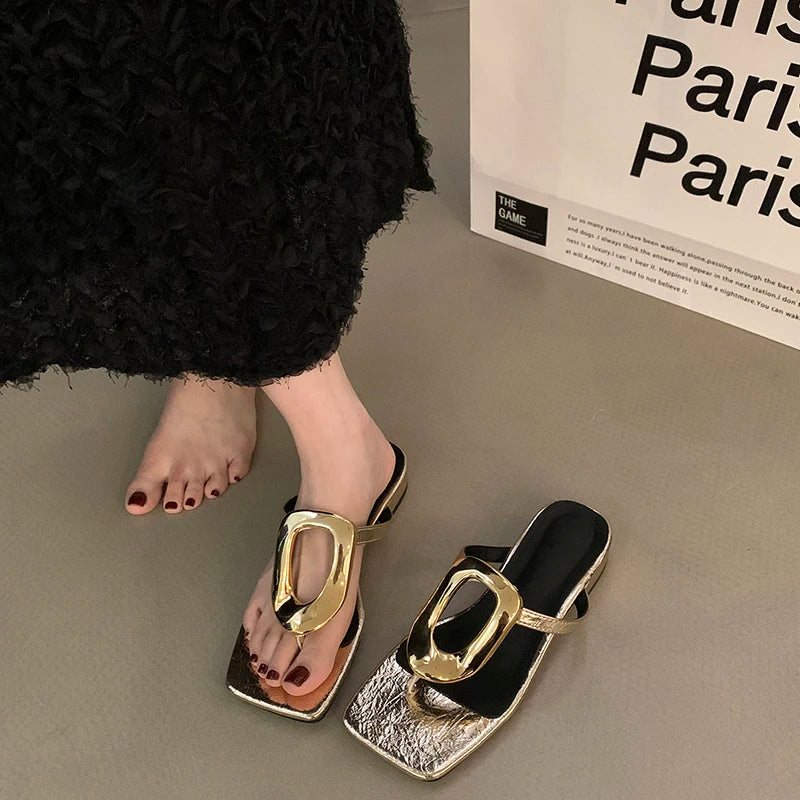 2024 New Brand Summer Women Silver Slippers Fashion Elegant Metal Decoration Slides Shoes Ladies Outdoor Thick Heel Sandalias