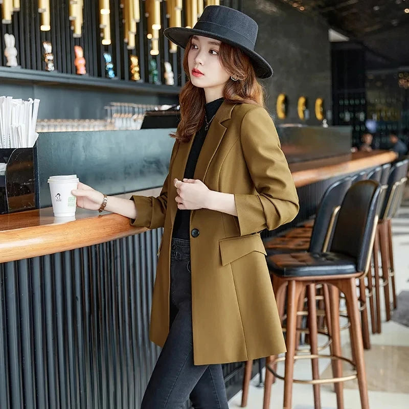 Autumn Winter Ladies Mid Long Blazer Women Single Button Black Purple Female Casual Jacket Coat Office Blazer Female Outerwear