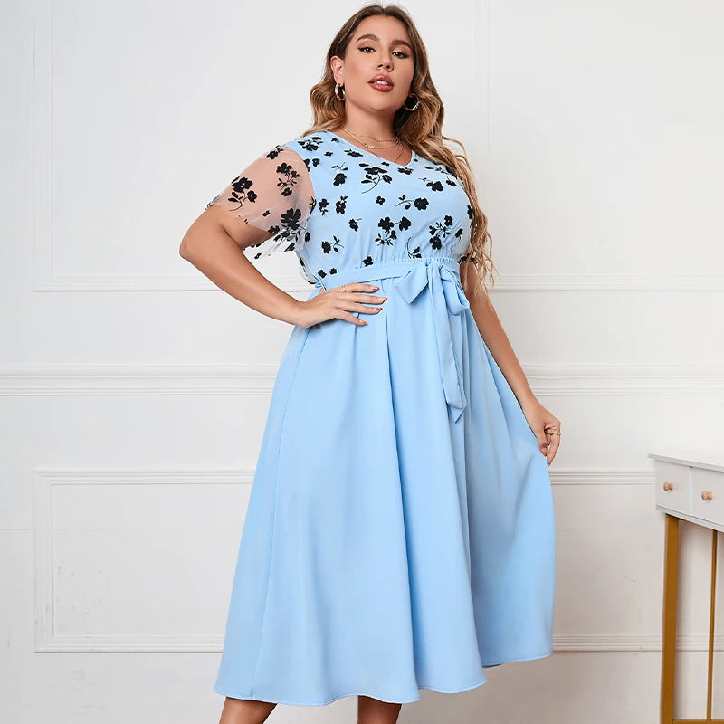 Della Mel Plus Size Women Clothing Lace Short Sleeve Long Dress Summer V-Neck Belt Blue Party Lady Big Size Maxi Dresses 3XL 4XL