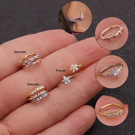 1 Piece Cubic Zirconia Nose Rings Nostril Bendable Flower Hoop Ring Tragus Ear Cartilage Earring for Women Nose Piercing Jewelry