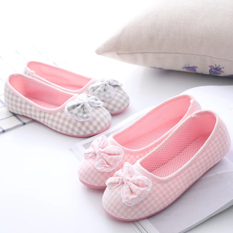 Cartoon Lattice Bow Cotton Slippers  Home For Womens Indoor Bedroom House Lili Female Shoes Pink/Gray