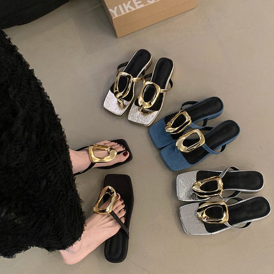 2024 New Brand Summer Women Silver Slippers Fashion Elegant Metal Decoration Slides Shoes Ladies Outdoor Thick Heel Sandalias