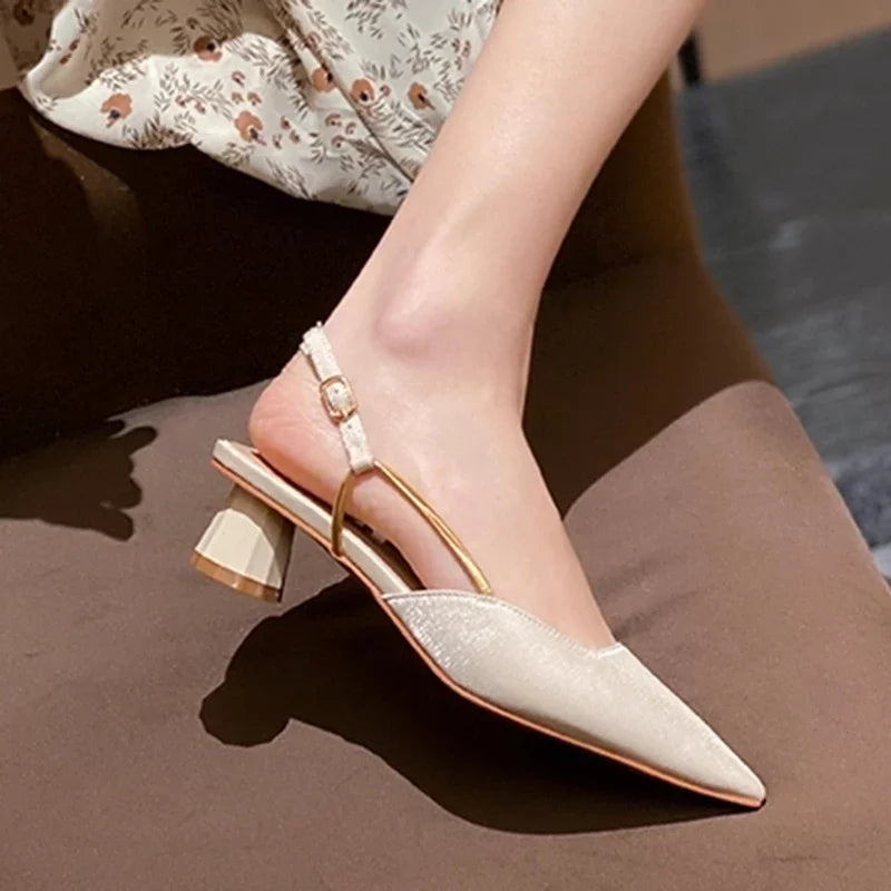 2024Summer Pointed Toe Silk Pumps Women Back Strap Buckle Thick Heels Sandals Woman Shallow Mouth Party Shoes Ladies