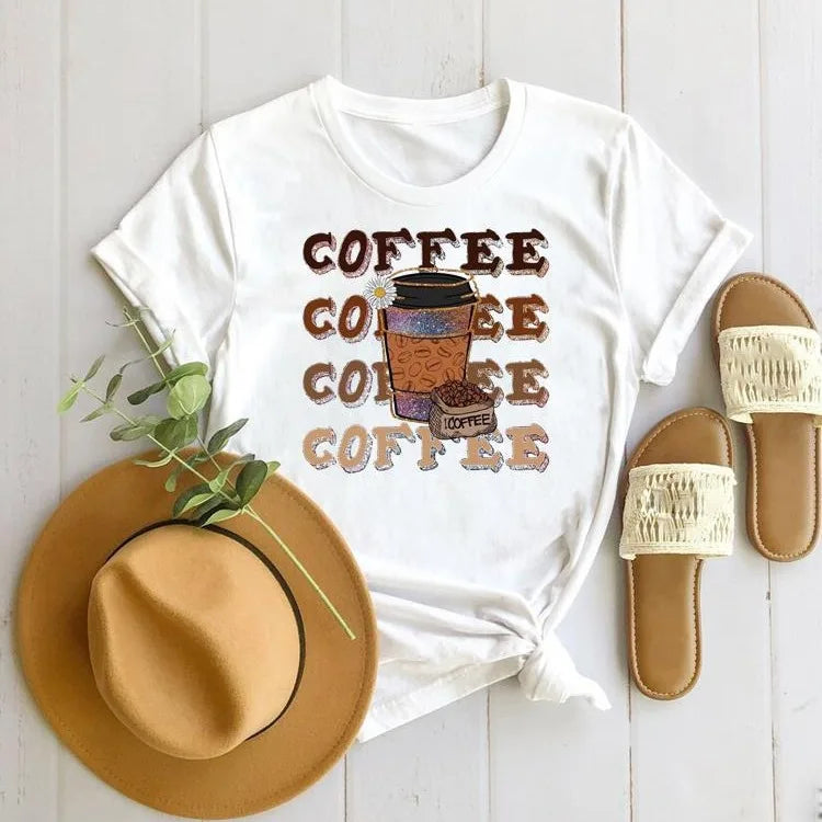 Coffee American Dress Women Print European Short-sleeved T-shirt Oversized T Shirt  Women Clothing  Harajuku  Tops