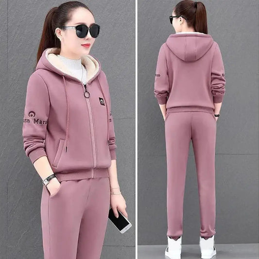 Winter New Plush Thickened 2 Piece Set Coat Top Hoodie Sweatpants Suit Elegant Women's Pants Set Outfits Tracksuit Outfits