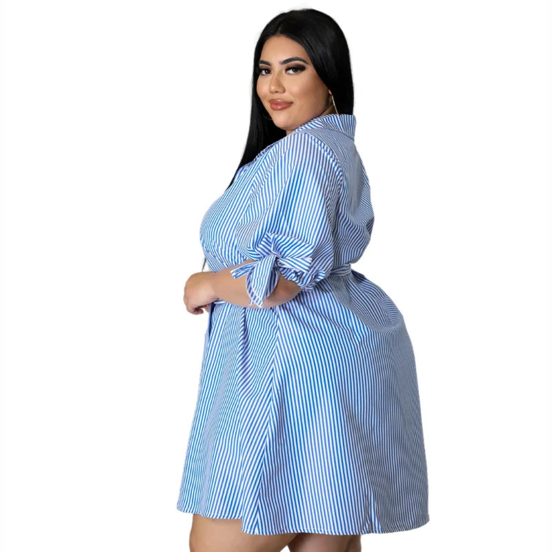 WSFEC XL-5XL Plus Size Dresses for Women 2023 Spring Summer New Fashion Stripe Bandage Loose Casual Midi Shirt Dress Outfits