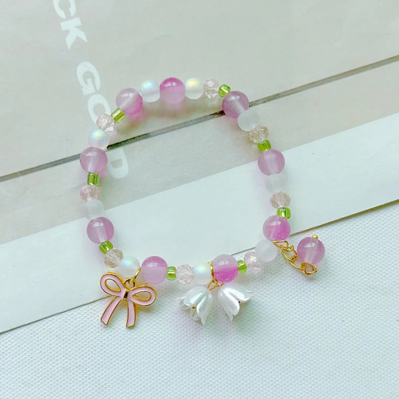 1PC Sweet Lily Of The Valley Tassel Flowers Crystal Coloured Beaded Bracelet For Woman Prom Party Wedding Bowknot Jewelry Gift