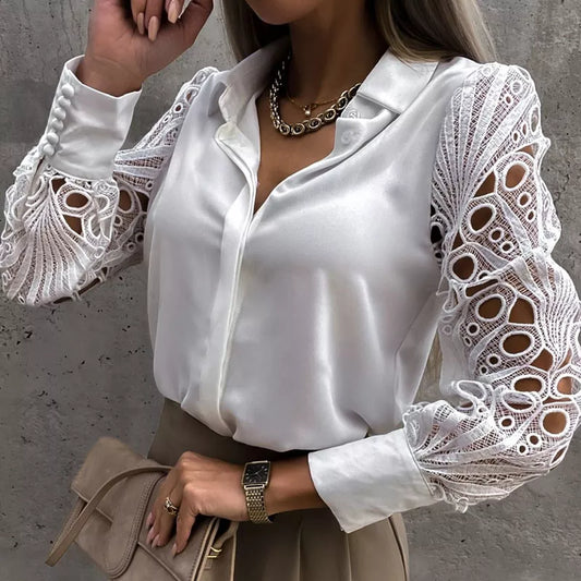 White Sexy Lace Hollow Out Women Blouse Autumn 2023 Spring Black Top Vintage Button Up Shirts Long Sleeve Mesh Design Tops 19948