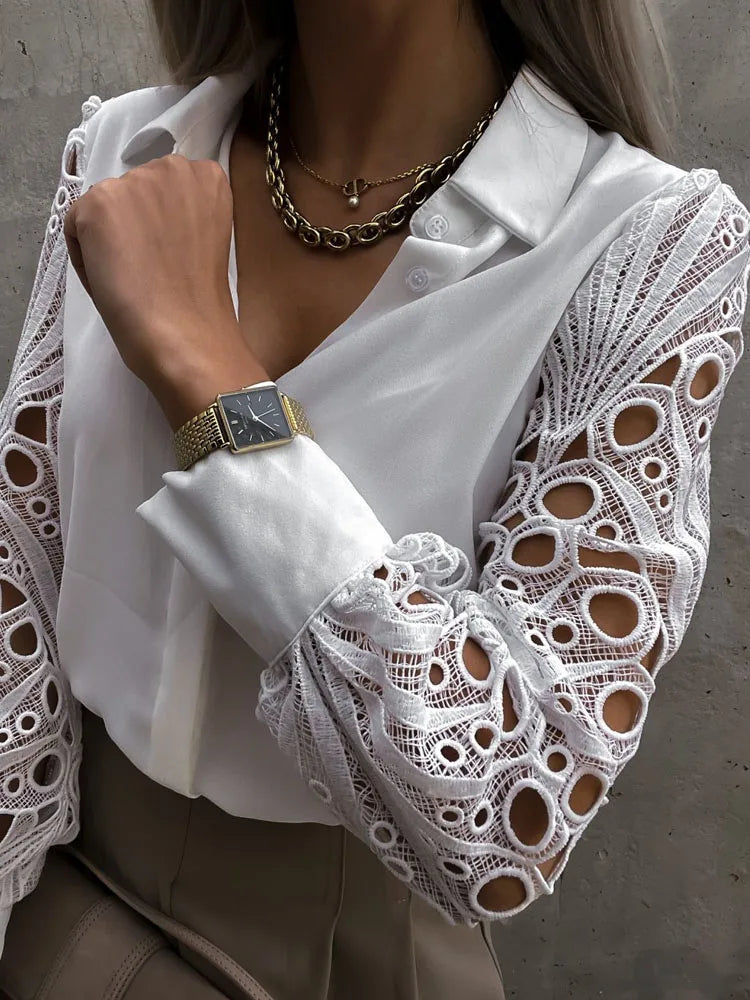 White Sexy Lace Hollow Out Women Blouse Autumn 2023 Spring Black Top Vintage Button Up Shirts Long Sleeve Mesh Design Tops 19948