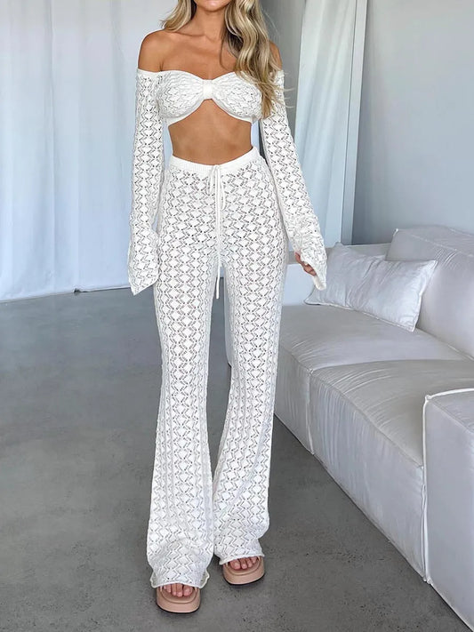 wsevypo Hollow Out Crochet Knit Pants Sets Women Casual Two-Piece Outfit See Through Long Sleeve Crop Tops+High Waist Long Pants