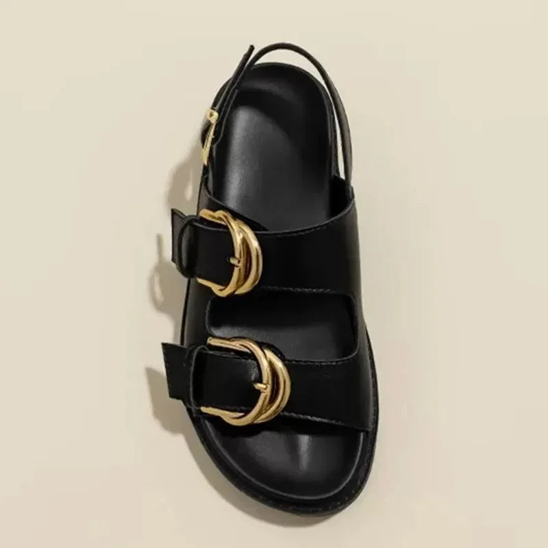 2024 Summer Black Soft Leather PU Metal Buckle Flat Sandals Retro Fashion Design Slide Slippers Women Light Non-Slip Beach Shoes